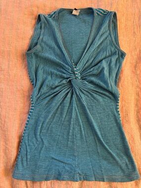 Ojai Striped Teal Twist-Front Sleeveless Top